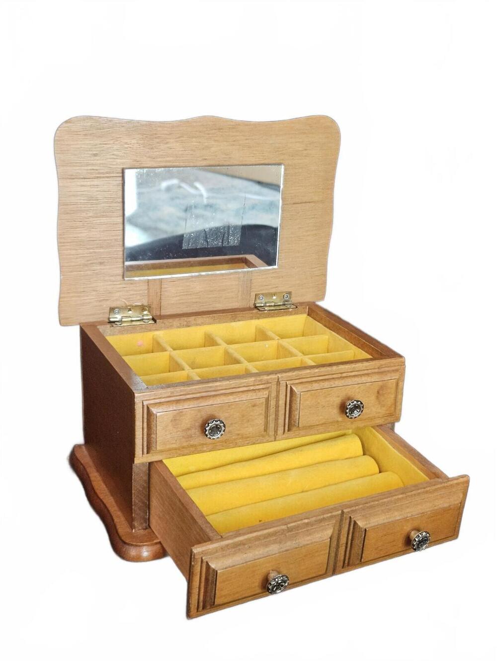 Antique Wooden Jewelry Box Mirror Yellow Velvet Drawer Organizer SEE PICS